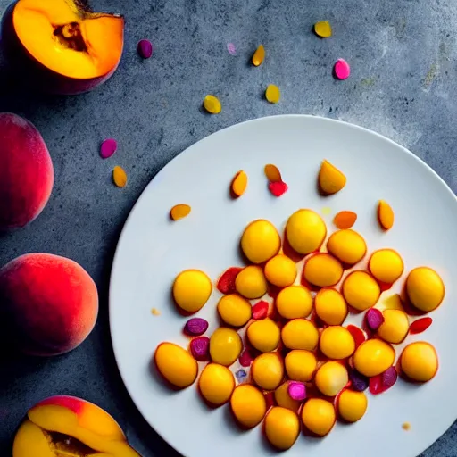 Prompt: beautiful photo a fairy made of peaches, mangoes and sprinkles, on a white plate, dslr