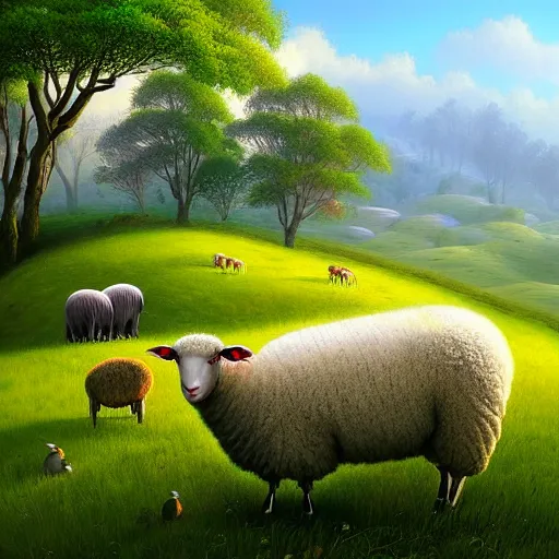 Image similar to sheep in pastoral scene, verdant valley, splendor, by gediminas pranckevicius