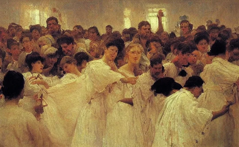 Prompt: high quality high detail painting by ilya repin, a long row of people extending through infinity, hd