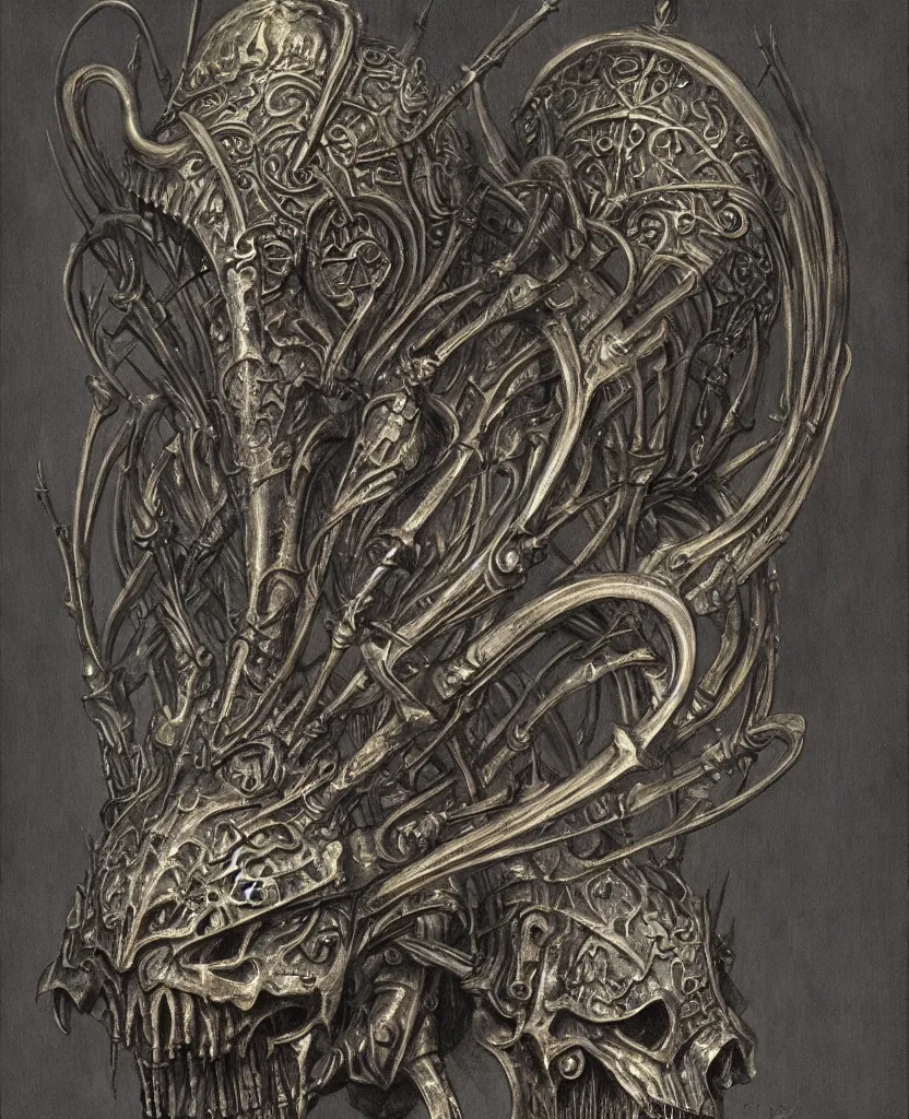 Image similar to a filigree ornamental medieval iron and black bronze helmet with skeletal features and short spikes, art by (((wayne barlowe))), hr giger, hedi xandt, foggy, dimly lit, artstation, concept art,