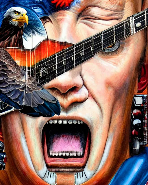 Prompt: a portrait of an anthropomorphic cyberpunk bald eagle screeching while strumming an acoustic guitar by sandra chevrier, by jon foster, detailed render, tape deck, epic composition, cybernetics, 4 k realistic, cryengine, realistic shaded lighting, sharp focus, masterpiece, by enki bilal