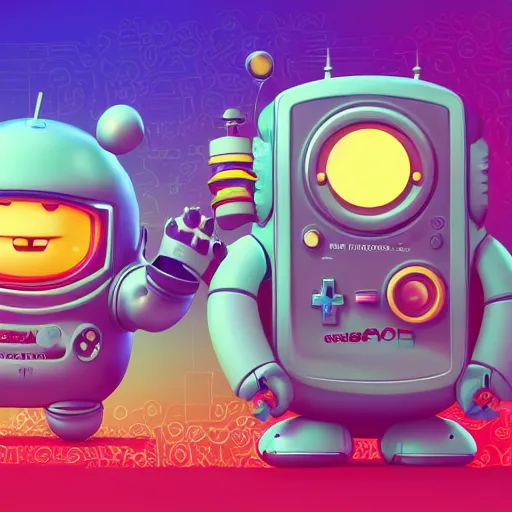 Image similar to two small chubby bots, hyperdetailed colourful graffiti, smooth panelling, intricate detail, holding a battery, single eye, cute, intricate arms, antenna, floating, white studio, cute mechanical toy, gameboy advanced, ambient light, in the style of pixar animation poster, pokedstudios, blender, octane render, 8 k,