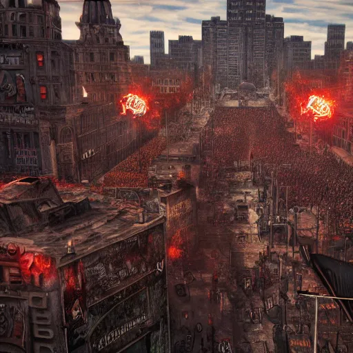 Image similar to city of hell, heavy metal rock city of hell, people in the city headbanging and marching like they do in a moshpit, realistic, hdr, clear image, hdd, dynamic lighting, rtx on,