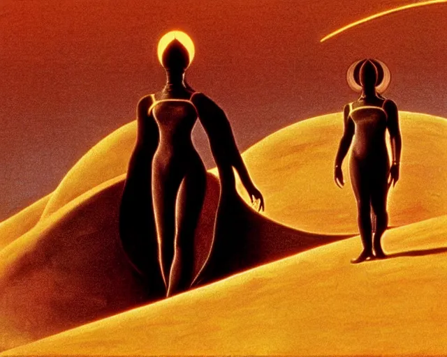 Prompt: aesthetics of dune by frank herbert and david lynch