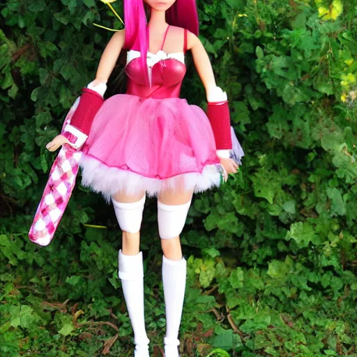 Image similar to anime barbie doll, leather bunny costume bodysuit, playboy, rabbit ears, plaid tights, full length, raspberry banana color, lace