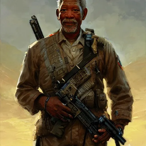 Image similar to Morgan Freeman as a soldier, closeup character art by Donato Giancola, Craig Mullins, digital art, trending on artstation