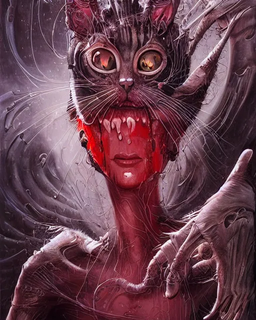 Image similar to a cute bloody kitty cat, by antonio j. manzanedo, giger, alex grey, android jones, wayne barlowe, philippe druillet, raymond swanland, cyril rolando, josephine wall, harumi hironaka, trending on artstation