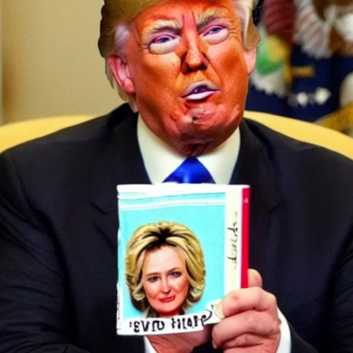 Image similar to donald trump eating a sandwich made with a picture of hilary clinton. he's reading a book of poetry written by a terrorist.