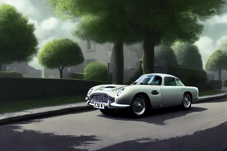 Prompt: a wholesome animation key shot of one focused aston martin db 5, on a residential london street, trees, medium range, studio ghibli, pixar and disney animation, sharp, very detailed, unreal engine 5 render, high resolution, anime key art by greg rutkowski