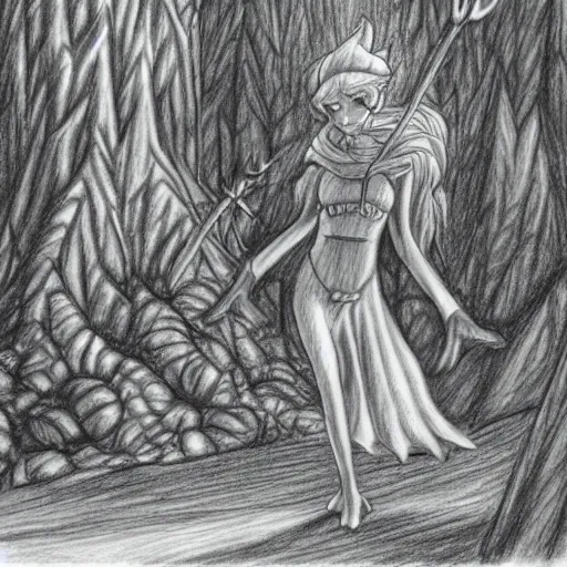 Image similar to a detailed pencil drawing of an elf casting a spell in a forest