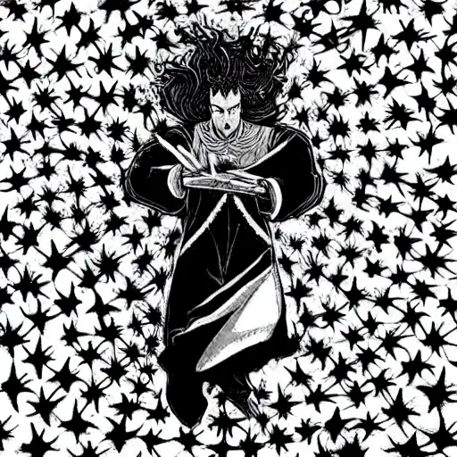 Prompt: black and white pen and ink!!!!!!! Tim Burton designed Ryan Gosling wearing cosmic space robes made of stars final form flowing royal hair golden!!!! Vagabond!!!!!!!! floating magic swordsman!!!! glides through a beautiful!!!!!!! Camellia flower battlefield dramatic esoteric!!!!!! Long hair flowing dancing illustrated in high detail!!!!!!!! by Moebius and Hiroya Oku!!!!!!!!! graphic novel published on 2049 award winning!!!! full body portrait!!!!! action exposition manga panel black and white Shonen Jump issue by David Lynch eraserhead and beautiful line art Hirohiko Araki!! Rossetti, Millais, Mucha, Jojo's Bizzare Adventure