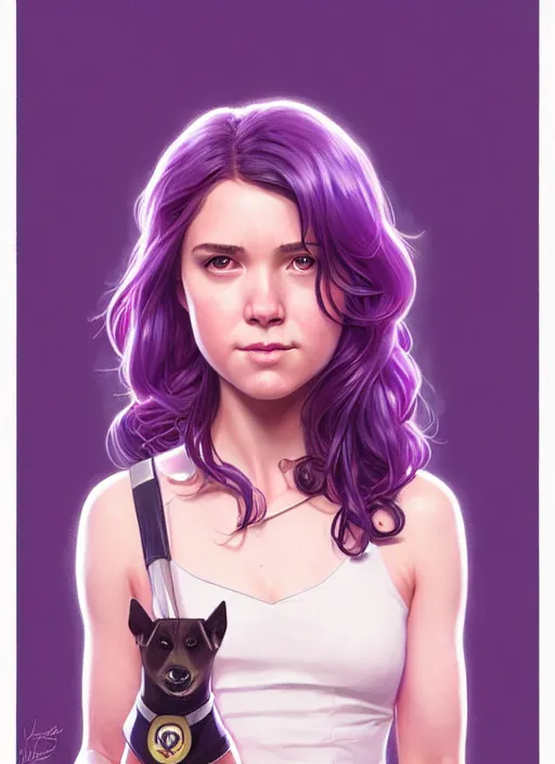 Prompt: Portrait of Kate Bishop and Lucky the Pizza Dog, Marvel, Hawkeye, fantasy, symmetrical face, blush, intricate, cute, elegant, light purple mist, highly detailed, digital painting, artstation, concept art, matte, sharp focus, illustration, art by Artgerm and Greg Rutkowski and Alphonse Mucha