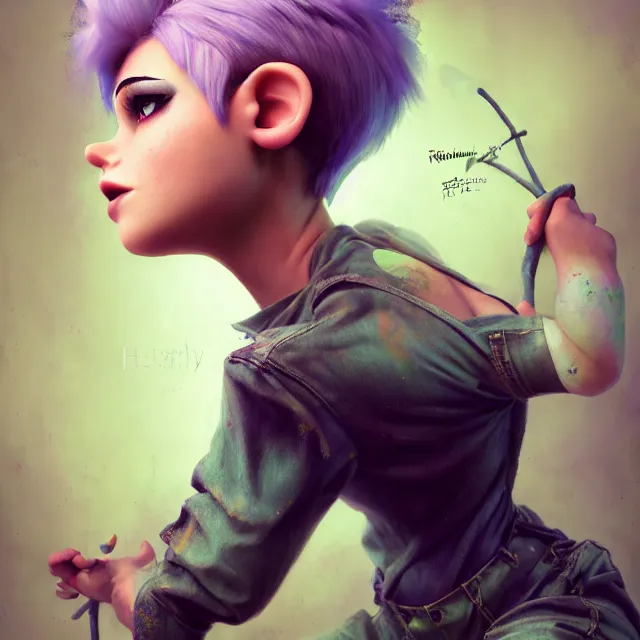 Image similar to full body pose, beautiful adult fairy, pixar, short white hair shaved sides, dirty, grungy, grunge, long sleeve, painted overalls, stacks of giant books, highly detailed, 4 k, hdr, smooth, sharp focus, high resolution, award - winning photo, artgerm, photorealistic