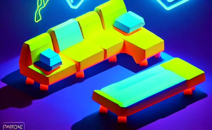 Image similar to isometric object is a low poly isometric sofa with alien aesthetic inspired by pandora in the avatar movie, it has bioluminescent plants growing on top of it, beautiful neon orange - yellow with blue hints and it's bedecked with some sparkling crystals all over the place. black background, night isometric artstation neon. behance, pinterest