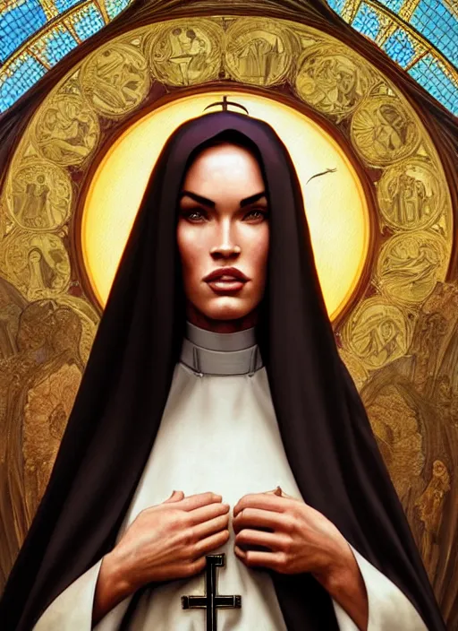 Image similar to portrait of megan fox as a sultry nun, catholic, church, bible, christian, intricate, headshot, highly detailed, digital painting, artstation, concept art, sharp focus, cinematic lighting, illustration, art by artgerm and greg rutkowski, alphonse mucha, cgsociety