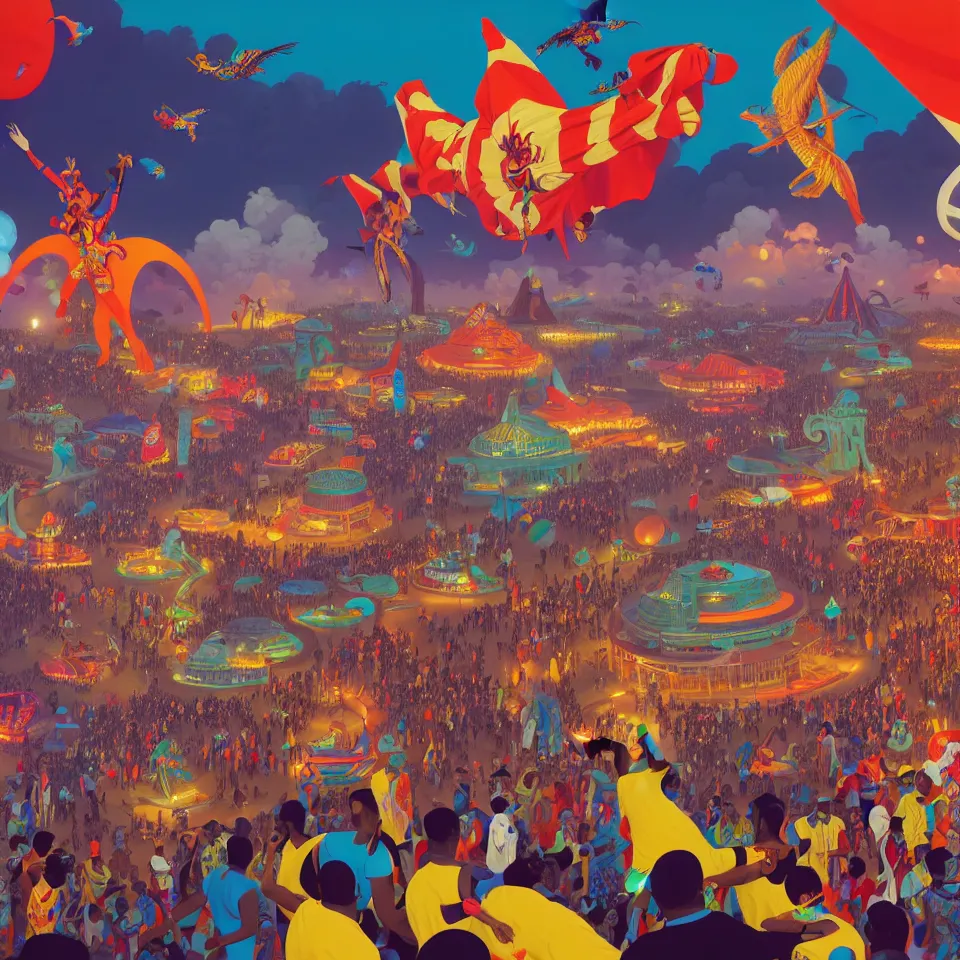 Image similar to trinidad and tobago carnival by paolo eleuteri serpieri and tomer hanuka and chesley bonestell and daniel merriam and tomokazu matsuyama, unreal engine, high resolution render, featured on artstation, octane, 8 k, highly intricate details, vivid colors, vector illustration