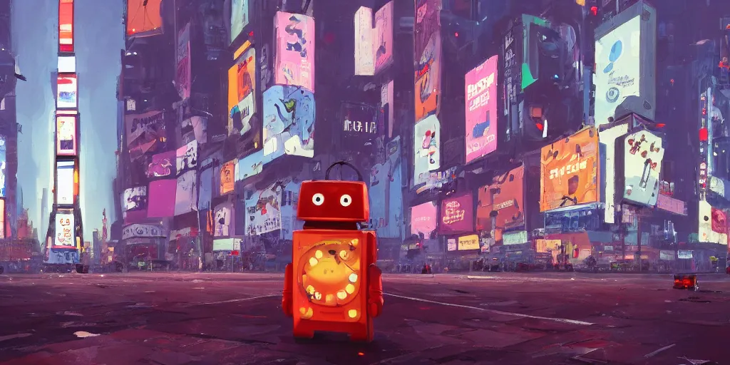 Prompt: cute cartoon robot in Times Square at night by Goro Fujita and Simon Stalenhag , 8k, trending on artstation, hyper detailed, cinematic