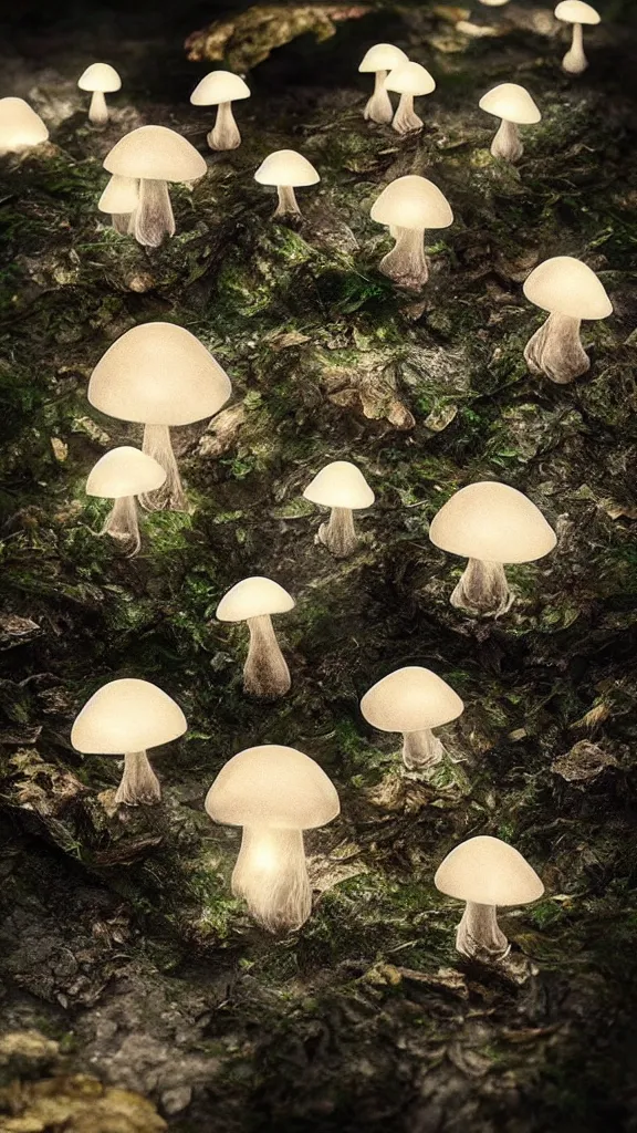 Image similar to “bioluminescent mushrooms, Artstation HQ, photorealistic, hiperrealistic, sharp focus, 4k UHD, Unreal Engine 5, cinematic shot, cinematic lightning, dark tones, high contrast, intricate, masterpiece”