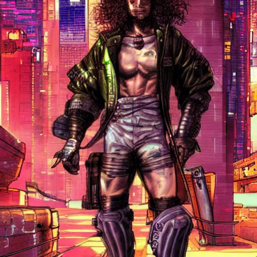 Prompt: a cyberpunk image of a curly-haired persian guy by masamune shirow