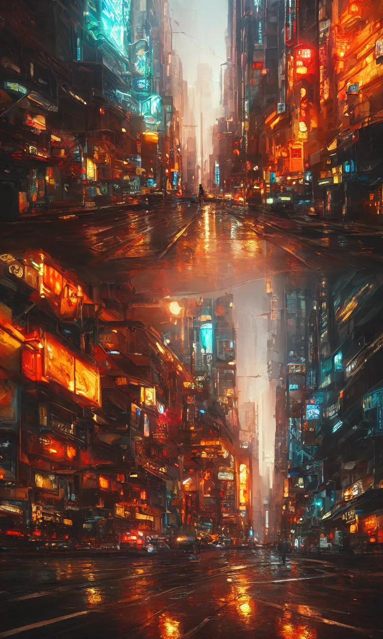 Image similar to an epic painting of the city street road, oil on canvas, cold colors, perfect composition, golden ratio, beautiful detailed, photorealistic, digital painting, artstation, concept art, smooth, sharp focus, illustration, cyberpunk background, artstation trending, octane render, unreal engine