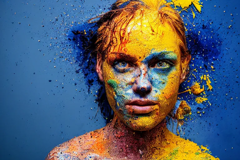 Prompt: a highly detailed cinematic headshot portrait photograph of thrown paint forming a human face, with blue and orange and yellow paint splash, liquid, ultra realistic, beautiful rim lighting, by richard avedon and annie leibovitz and arnold newman, photorealistic, hyperrealistic, octane, hasselblad camera, zeiss lens, sharp focus, paint splash