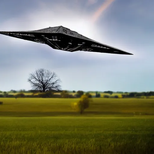 Prompt: an imperial star destroyer hovering menacingly over a rural town in kansas