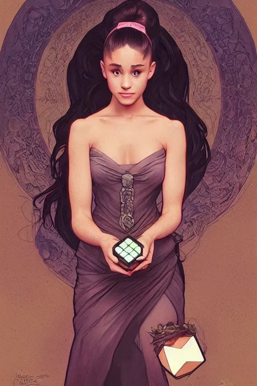 Prompt: beautiful cottagecore Ariana Grande holding a cube , intricate, elegant. highly detailed, digital painting, artstation, concept art, smooth, sharp, focus, illustration, 26ffce, art by artgerm and greg rutkowski and alphonse mucha