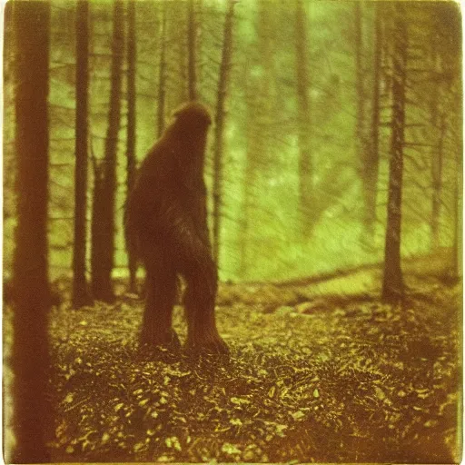 Image similar to a tarkovsky style polaroid photo of a real life bigfoot