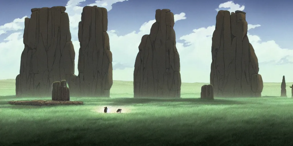 Image similar to a realistic cell - shaded studio ghibli concept art from paprika ( 2 0 0 6 ) of a giant wooly mammoth and a grey warrior in a flooded monument valley stonehenge easter island on a misty starry night. very dull colors, wide shot, hd, 4 k, hq