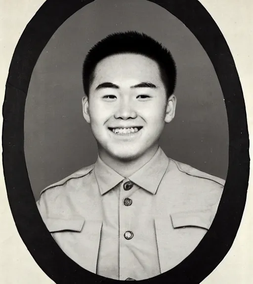 Image similar to a professional portrait of frank zhang, a 1 7 year old chinese - canadian boy with brown eyes, military cut flat top black hair, a warm smile, a chubby, round face, a chubby body, 6'3 height, archer