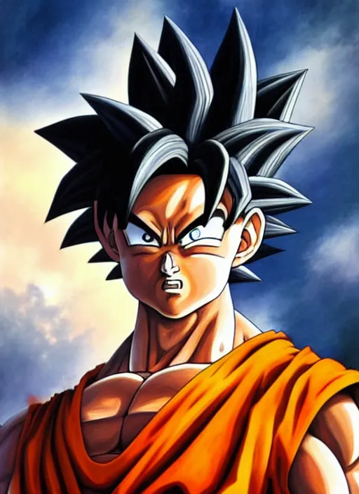 Image similar to a epic portrait of goku, art by boris vallejo and greg danton and denys tsiperko, detailed, hyperrealism, artstation