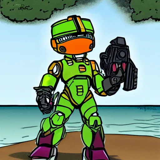 Prompt: masterchief enjoying summer, cartoon style