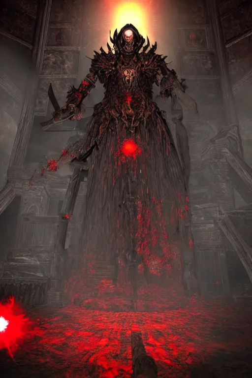 Image similar to Path of Exile, [Sirius], clear [[bronze]] face [mask], luminous red eyes, male image with [bronze] black bloody armor, sitting on the throne, inside the ruined gothic church, black shadows, red lasers, dark red bloody fog, black-grey smoky tornadoes fly around, [[blood]], Anachronism, painting, dark fantasy, steampunk, 4k, perfect quality,