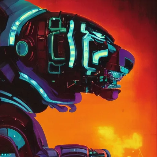 Image similar to a dark and colorful close - up of a sci - fi mecha tiger robot with led lights glowing fog in the background. highly detailed science fiction painting by norman rockwell, frank frazetta, and syd mead. rich colors, high contrast, gloomy atmosphere, dark background. trending on artstation