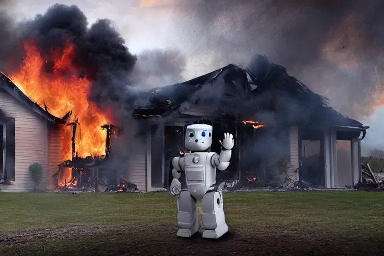 Prompt: <picture quality=4k-ultra-hd mode='attention grabbing'>Adorable fluffy robot looks into the camera sinisterly as a house burns behind it - inspired by Disaster Girl</picture>