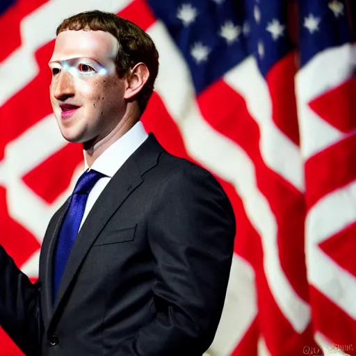 Image similar to Mark Zuckerberg the president of the united states wearing a black suit with a US Flag pin, EOS-1D, f/1.4, ISO 200, 1/160s, 8K, RAW, unedited, symmetrical balance, in-frame, Photoshop, Nvidia, Topaz AI