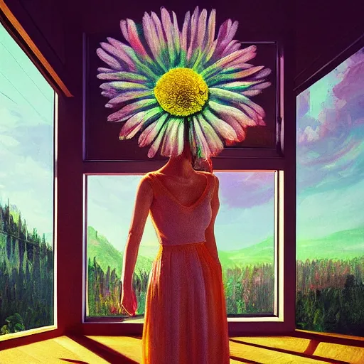 Prompt: massive daisy flower head, woman standing next to modern window in luxury loft, surreal photography, sunlight, impressionist painting, digital painting, artstation, simon stalenhag