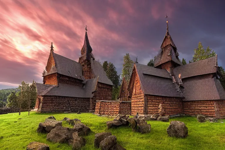 Prompt: Heddal Stave Church in Norway at sunset, surrounded by many little glowing orbs floating around. Photo-realistic UHDR, hyperrealism, luminescence, very detailed, cinematic, DoP.