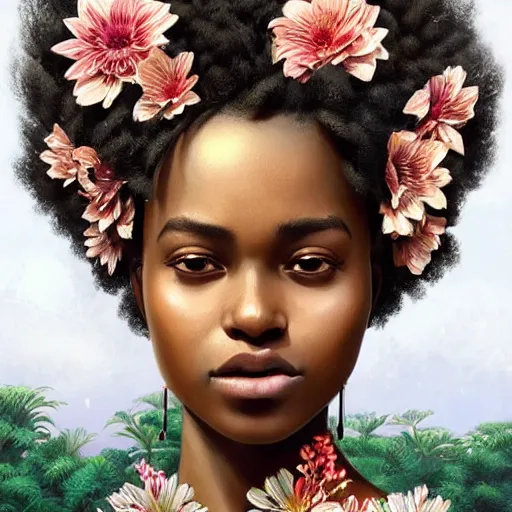 Image similar to ultra realistic illustration, beautiful swahili girl with flowers blossoming from her afro, wearing a kitenge, elegant, highly detailed, digital painting, concept art, smooth, sharp focus, illustration, art by artgerm and greg rutkowski 7 8 0