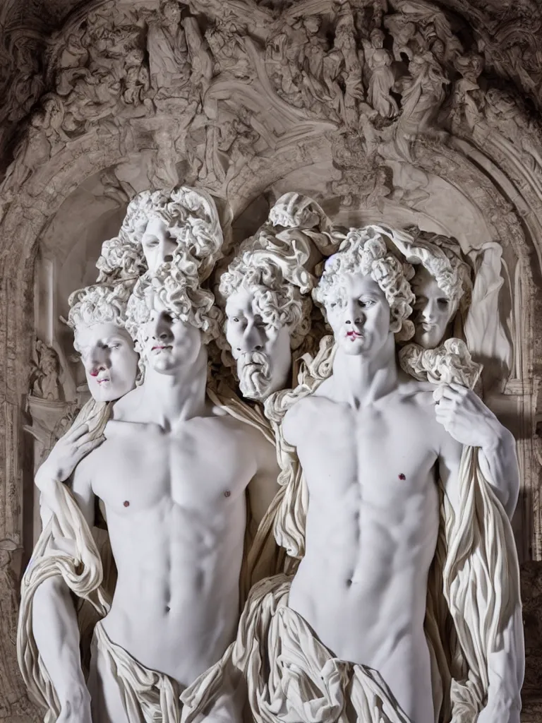 Prompt: Epic view of intricate stained white marble statue with triple head clown faces looking to both sides using a purple velvet veil over his shoulder sculpted by Antonio Corradini and Bernini