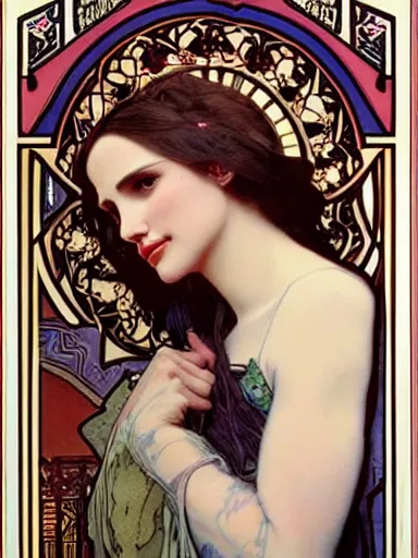 Image similar to a beautiful painting of natalie portman by Alphonse Mucha and by yoshitaka Amano and by Mark Brooks and by john william waterhouse, Art Nouveau, Neo-Gothic, gothic, award winning painting, hyperdetailed, detailed