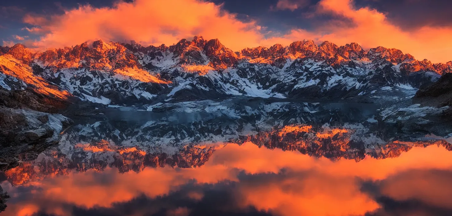 Image similar to amazing landscape photo of mountains with lake in sunset by marc adamus, beautiful dramatic lighting