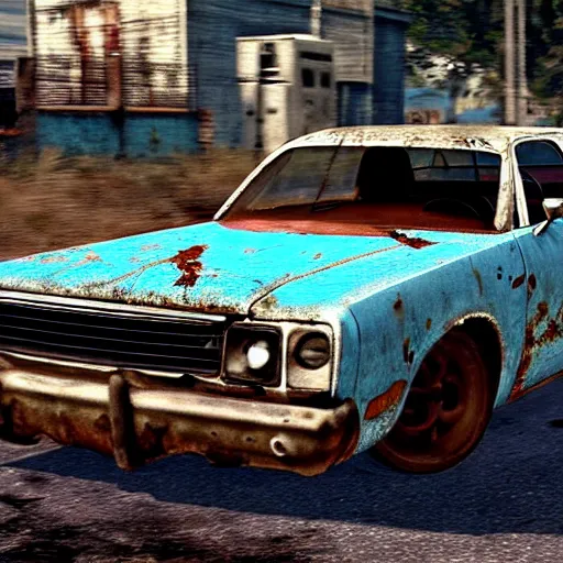 Image similar to A screenshot of a rusty, worn out, broken down, decrepit, run down, dingy, faded chipped paint, tattered, beater 1976 Denim Blue Dodge Aspen in Forza Motorsport 2