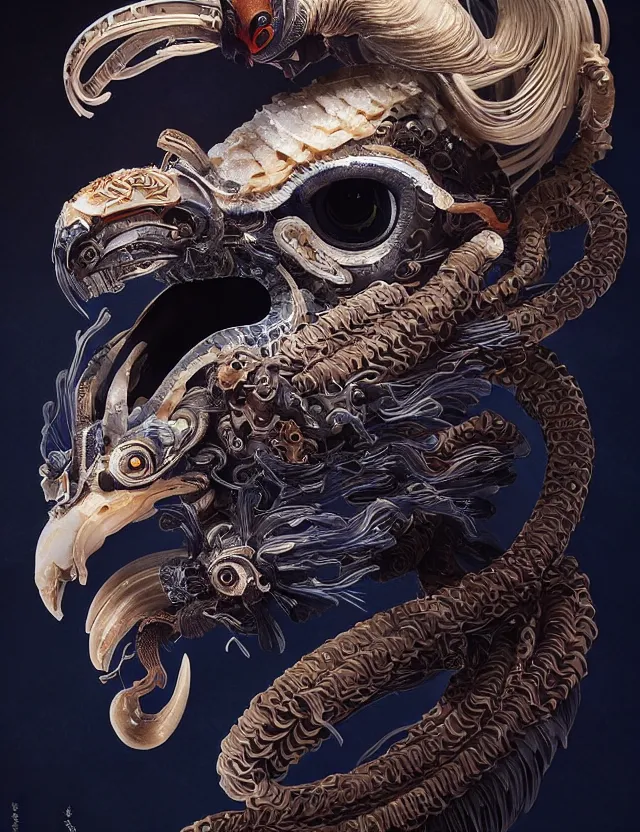 Prompt: prometheus engineer close - up profile portrait with ram skull. beautiful intricately detailed japanese crow kitsune mask and clasical japanese kimono. betta fish, jellyfish phoenix, bio luminescent, plasma, ice, water, wind, creature, artwork by tooth wu and wlop and beeple and greg rutkowski