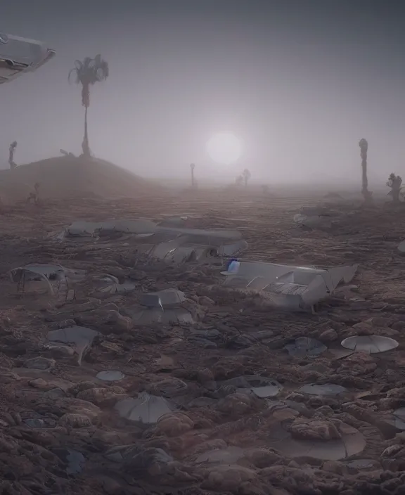 Prompt: surreal futuristic covenant exploration, bioremediation architecture in the desert, foggy, highly detailed, digital painting, arstation, concept art, hyperealistic octane render, unreal engine,