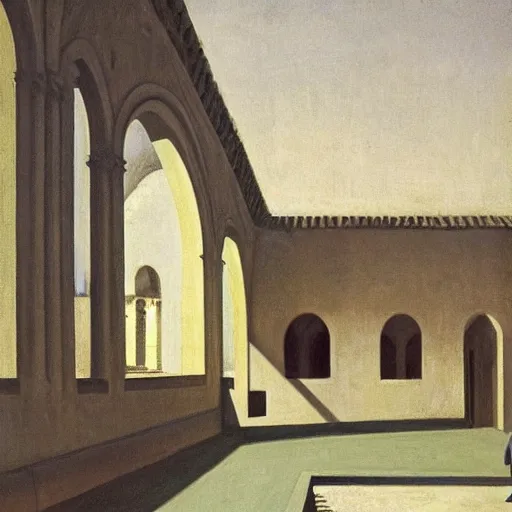 Prompt: in the distance, a little girl with short black hair and wearing a yellow coat alone in the inner courtyard of a cloister in an abbey, the light is bright and wintry, painting by hopper and de chirico