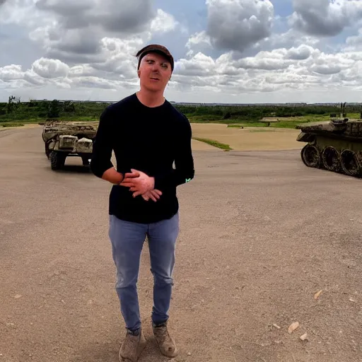 Image similar to mrbeast standing in front of an active military battlefield, posing, charismatic, gunfire, explosions in background