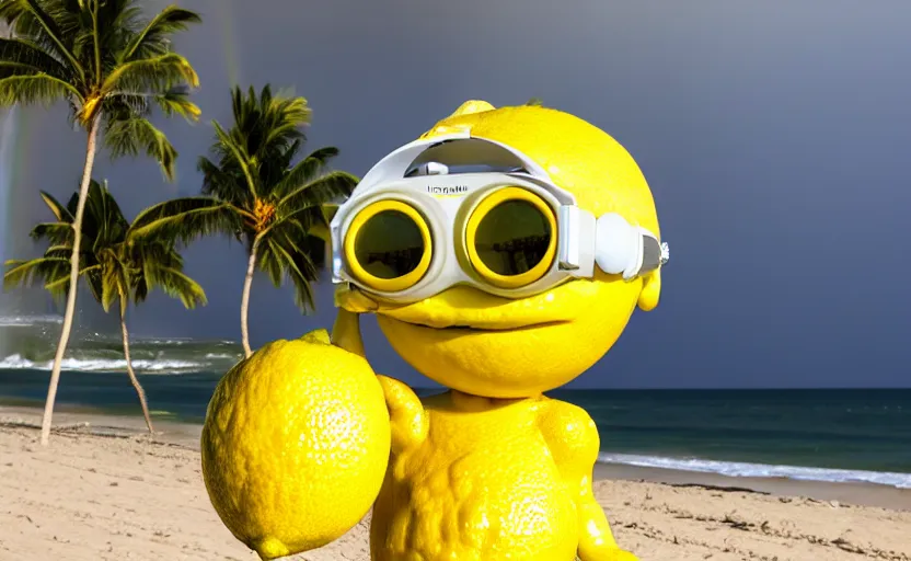 Prompt: a photograph, of a real anthropomorphic lemon cartoon character, it has lemon skin texture, otand a vr goggles, it's building a sandcastle on the beach at sunset, beach, huge waves, bright sun, turbid clouds, rainbow, tropical trees, rim light, sand, sandcastle, volumetric lightening, pentax k 1 0 0 0