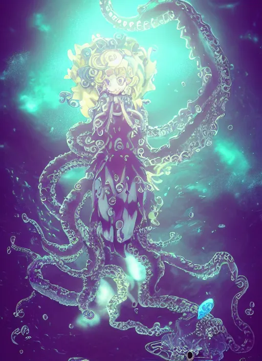 Prompt: A full shot of a Kawaii sea creature from the Abyss made of opals and oil wearing a black dress made of serpents and crystal. Fully Clothed. Under Water. Shallow Depth of Field. Tilt Shift. Symmetrical. Deepsea photography. Dark foreboding Atmosphere. Sailor Moon. Tentacles. Kawaii. Caustic refraction. Demon Horns, Angel Wings, By Lisa Frank and Giger and Ruan Jia and Artgerm and Range Murata and WLOP. Key Art. Fantasy Illustration. award winning, Artstation, intricate details, realistic, Hyperdetailed, 8k resolution.