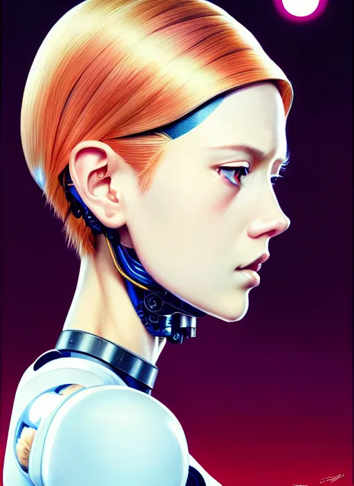 Image similar to side portrait of blonde cyborg girl with robotic parts | | head only in center of image, audrey plaza, fine detail!! anime!! realistic shaded lighting!! poster by ilya kuvshinov katsuhiro otomo ghost - in - the - shell, magali villeneuve, artgerm, jeremy lipkin and michael garmash and rob rey
